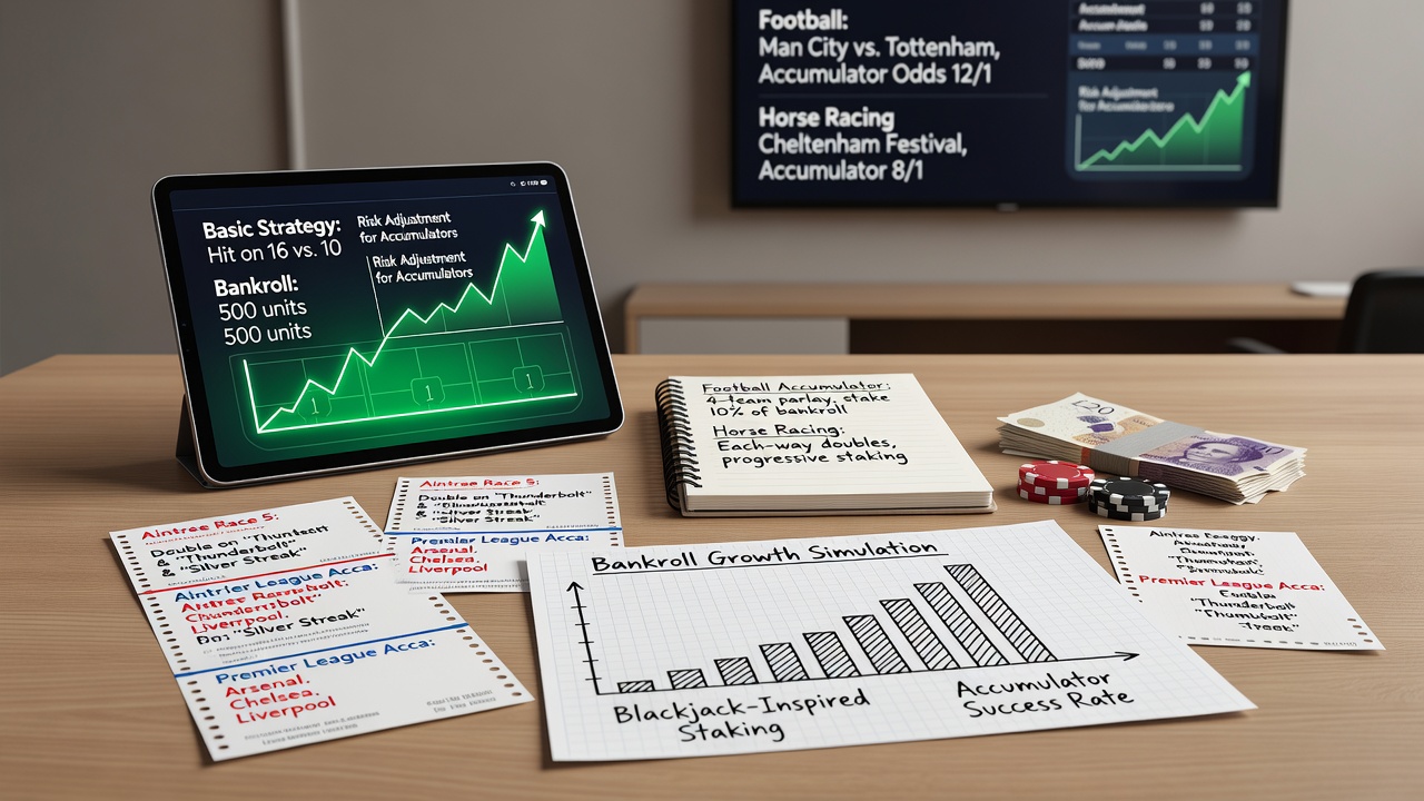 Pferderennbahn mit Wettzetteln und Bankroll-Diagrammen
