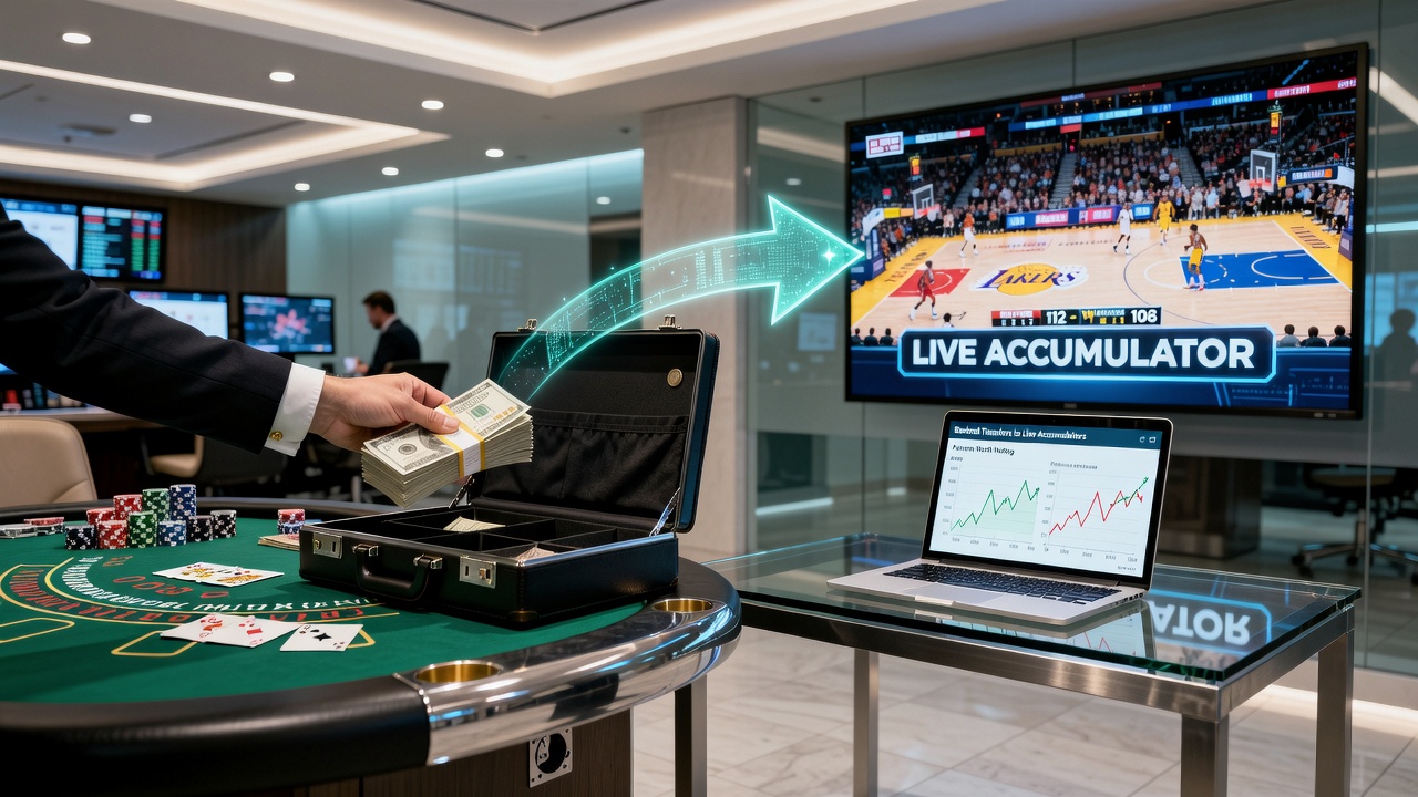 Blackjack-Tisch mit Stapeln von Chips und einem Basketball im Hintergrund, der den Übergang zwischen Casino und Sportwetten symbolisiert