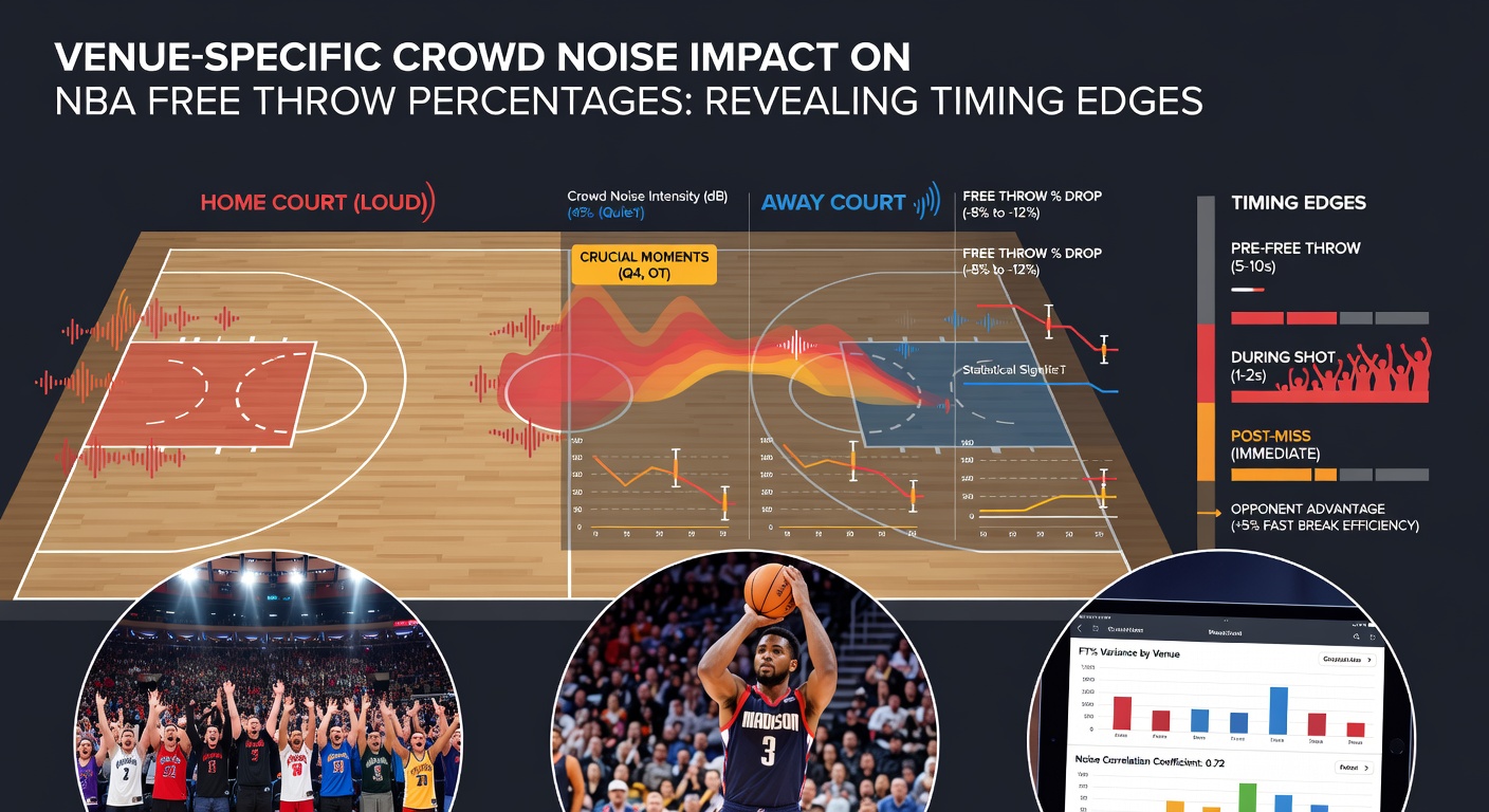 Grafische Darstellung von Freiwurfstatistiken in verschiedenen NBA-Arenen mit Fokus auf Lärmpegel und Timing
