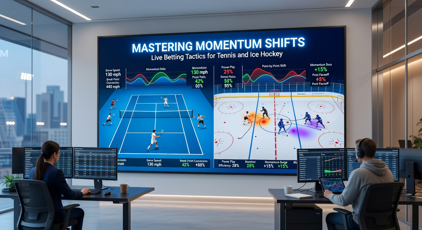 Ein actiongeladenes Eishockey-Spiel mit einem Powerplay-Szenario, das einen Momentum-Wechsel durch ein Tor illustrierst