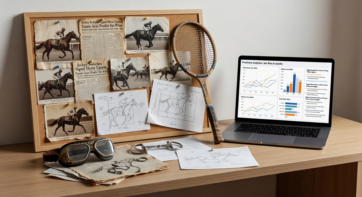 Tennisspieler schlägt einen Ace auf Rasenplatz, mit Statistiken zu Set-Wins im Hintergrund